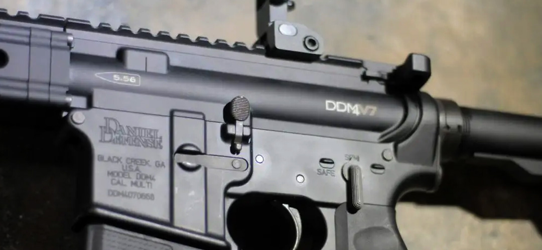 Close shot of a black Daniel Defense DDM4 V7 rifles