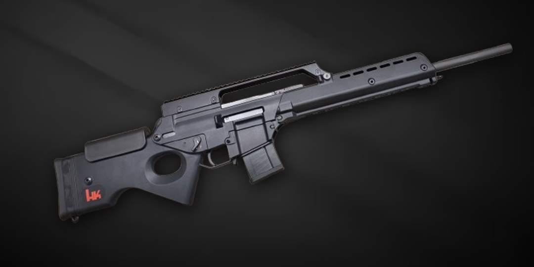 A black HK SL8-6 rifle on a dark background