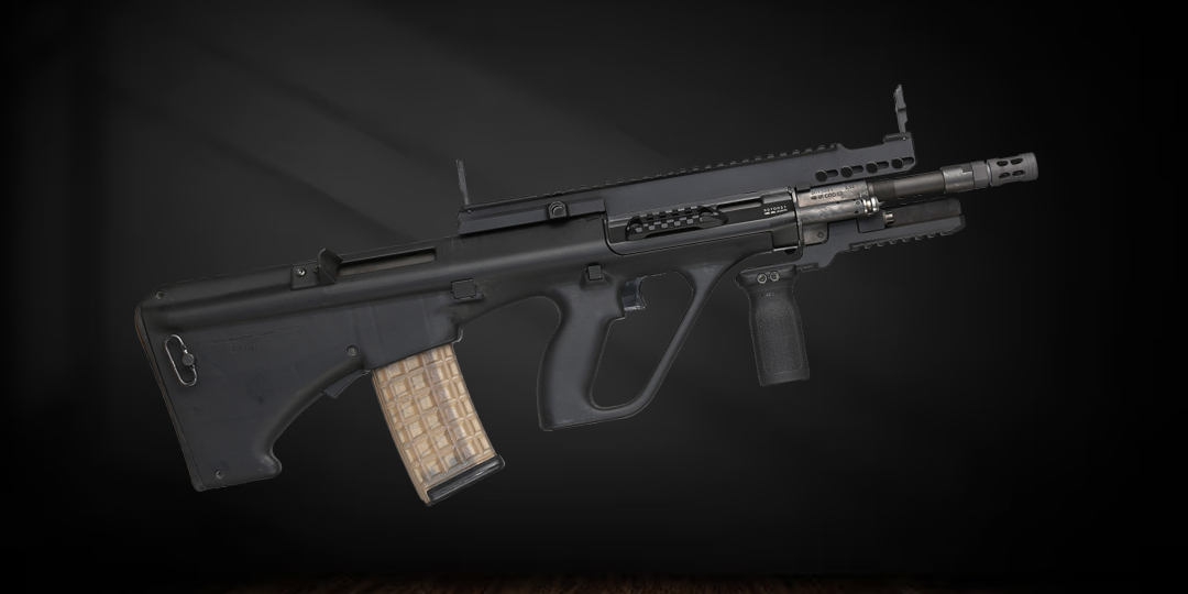 A black Steyr aug rifle on a dark background