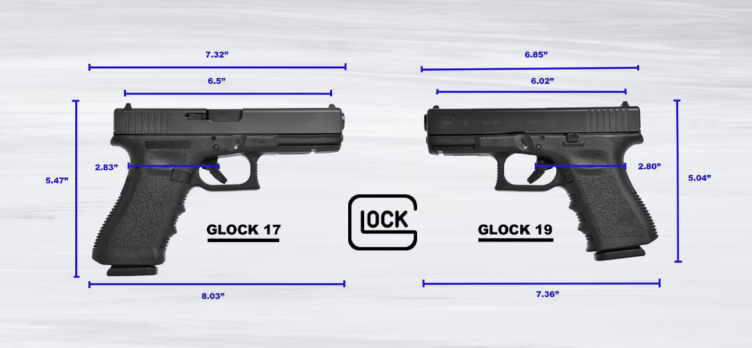 Dimensions and size of Glock 17 and Glock 19 illustrated.