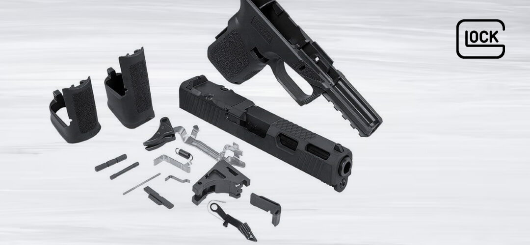 Dismantled parts of a Glock handgun.