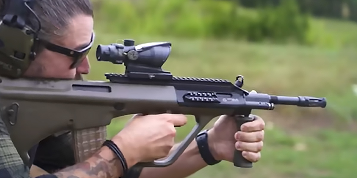 A man aims a gun, focused intently on a target in the distance, showcasing determination and precision